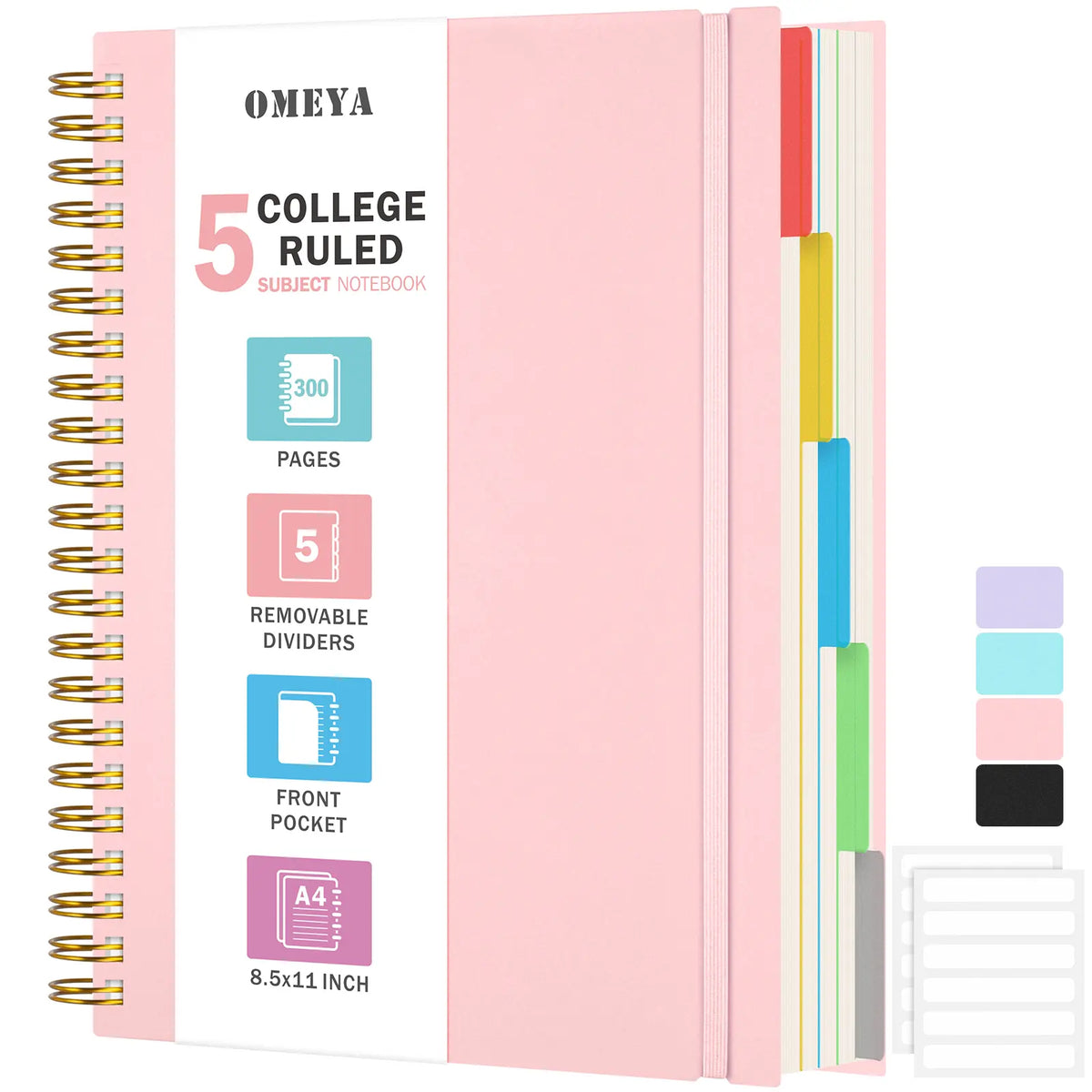 OMEYA 5 Subject Spiral Notebook, College Ruled Stationery Journaling Notebook, A4/A5 Size, 300 Pages 100GSM Thick Paper with Removable Dividers & Clear Inner Pocket for School Office,back to school,back to school haul