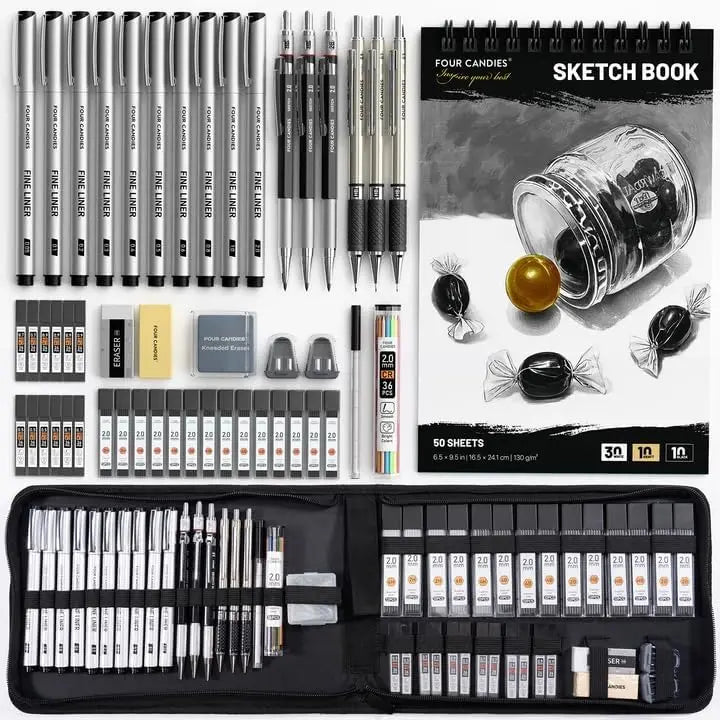 【back to school supplies】 Four Candies 25PCS Mechanical Pencil Set with Case,3PCS 0.5/0.7/0.9mm Metal Pencils,3PCS 4B Erasers &432PCS Graphite Leads,Back to School Shopping,School Essentials for Writing,Drawing,