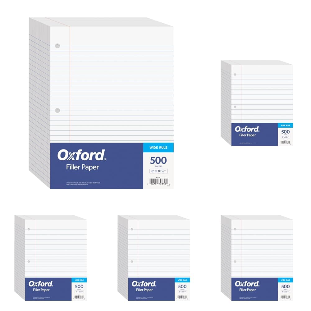 Oxford Filler Paper, 8 x 10-1/2 Inch Wide Ruled Paper, 3 Hole Punch, Loose Leaf Notebook Paper for 3 Ring Binders, 500 sheets (62330), white