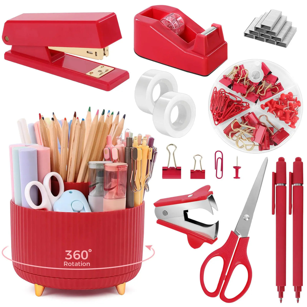 SKYDUE 10PCS Cute Office Accessories Desk Supplies Set - 1x360-Degree Rotating Pen Holder, Stapler, Tape Dispenser, Scissors, Ruler, Binder Clips, 1000pcs Staples, Anti-Tipping Organizer for Stationery Supplies, Desk Organization, Birthdays