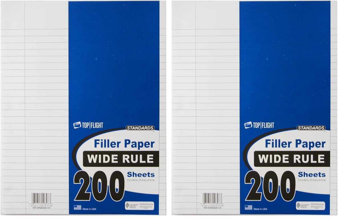 Top Flight Filler Paper, 8.5 x 11 Inches, Wide Rule, 200 Sheets (12803) White