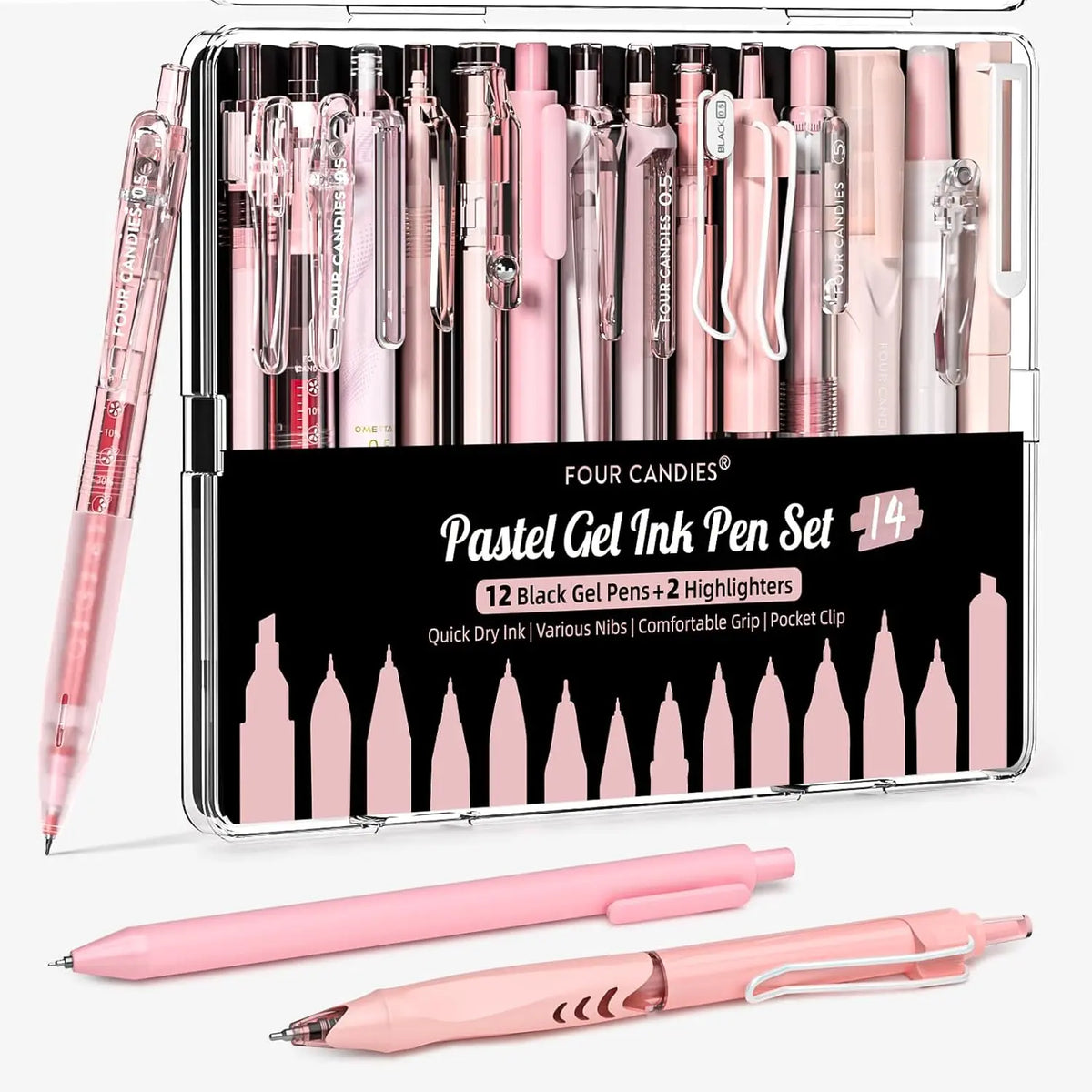 Four Candies 12PCS Pastel Gel Pen Set, Cute 0.5 mm Fine Point Writing Pens with 10 Black,1 Pink Ink,1 Highlighter, Quick Dry Aesthetic Girly Stationery Desk Accessories for Students, Notebook Writing,School & Office back to school supplies