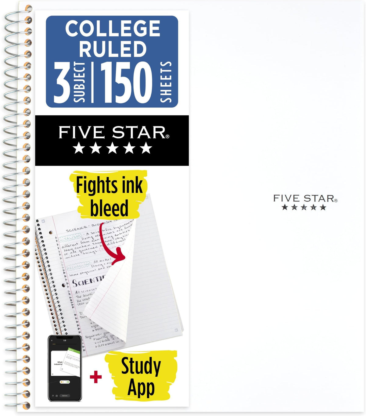 Five Star Spiral Notebook + Study App, 3 Subject, College Ruled Paper, 8.5" x 11", 150 Sheets, Blue (Color May Vary) (820003NH0)