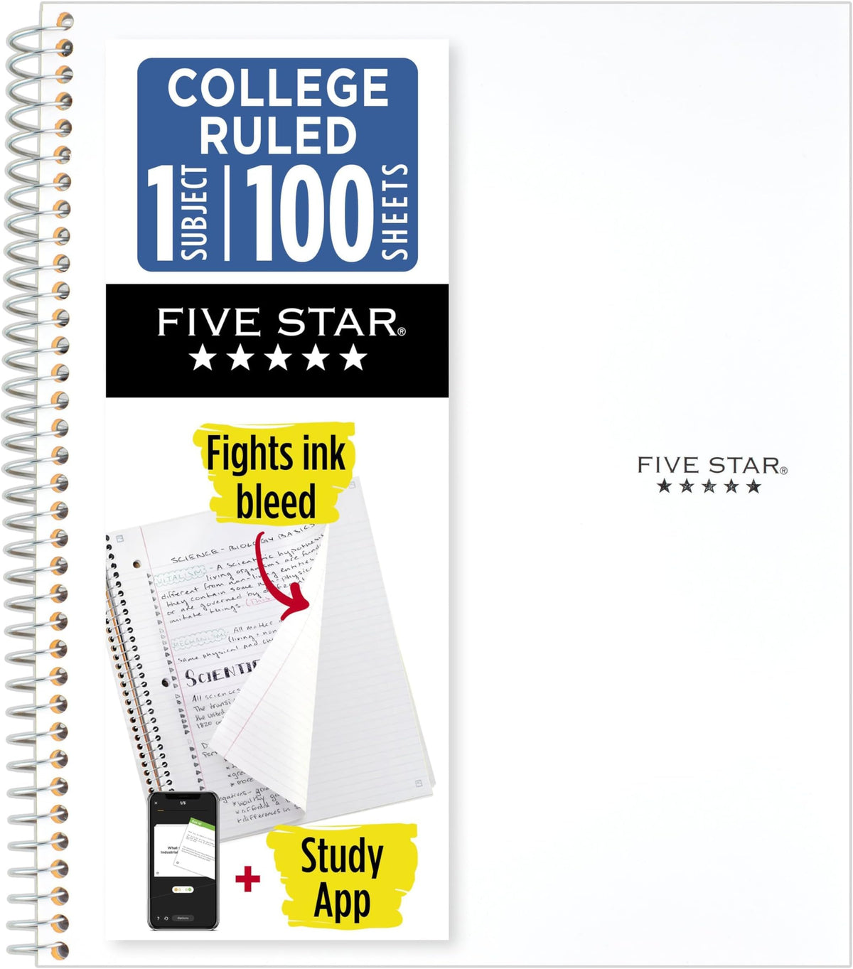 Five Star Spiral Notebook + Study App, 1 Subject, College Ruled Paper, 8.5" x 11", 100 Sheets, Blue (Color May Vary) (72565)