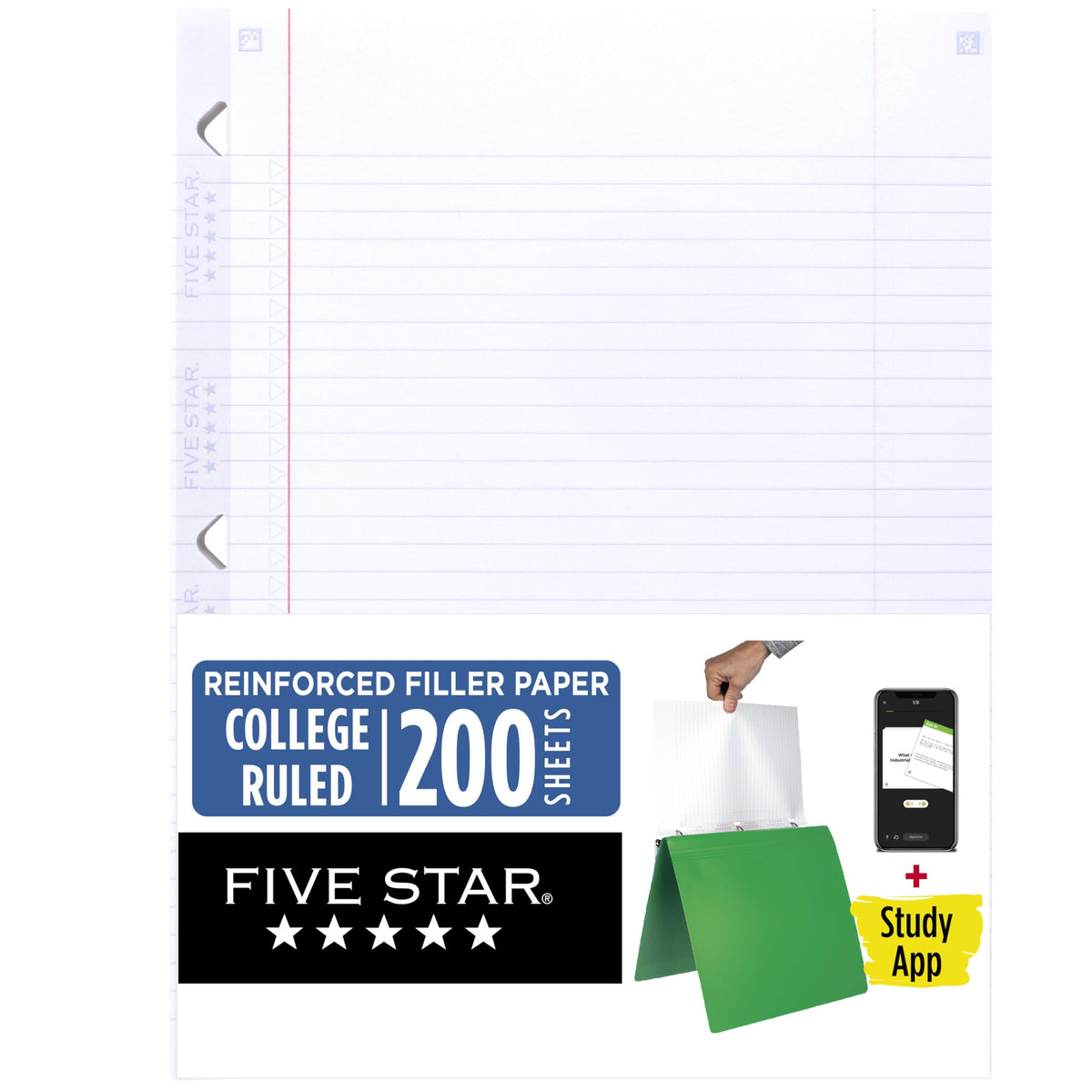 Five Star Loose Leaf Paper + Study App, College Ruled Filler Notebook Paper, Reinforced, Fights Ink Bleed, 8-1/2" x 11", 200 Sheets (170054-ECM)