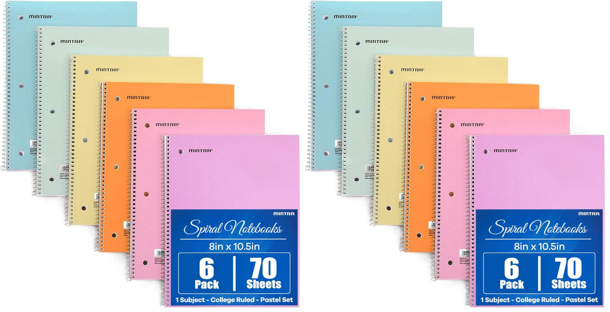Mintra Office Spiral Notebooks, Wirebound, Journals for School, Work, Business, Aesthetic Stationery, Writing Pads, Teacher & Student Supplies (6, Pastel, College)