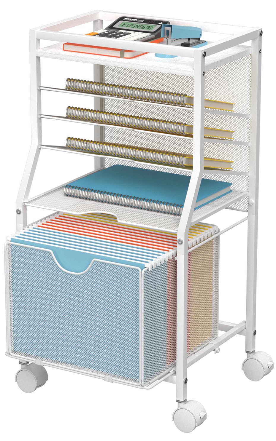 BOHDK Rolling File Cart, 6-Tier Desk File Organizer on Lockable Wheels, Brown Wood Planks & Mesh Sliding Hanging Folder Drawer, Organization Cart for Office Home School