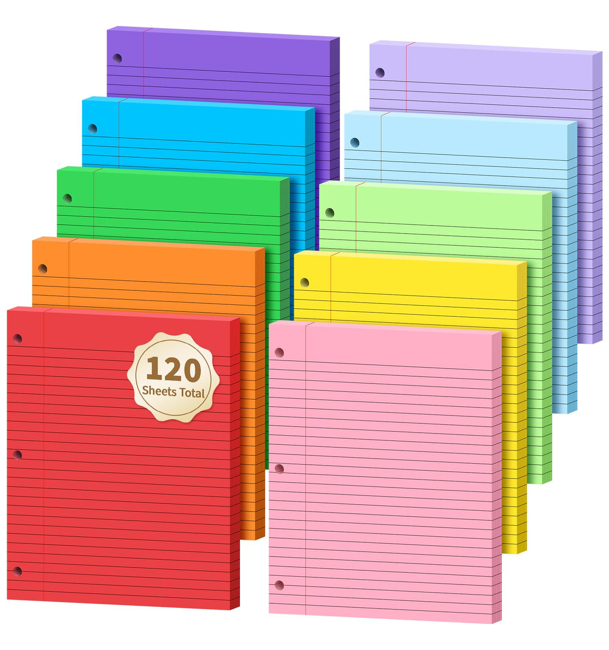 120 Sheets Loose Leaf Paper, 8” x 10.5”, 6 Colors Wide Ruled Lined Paper