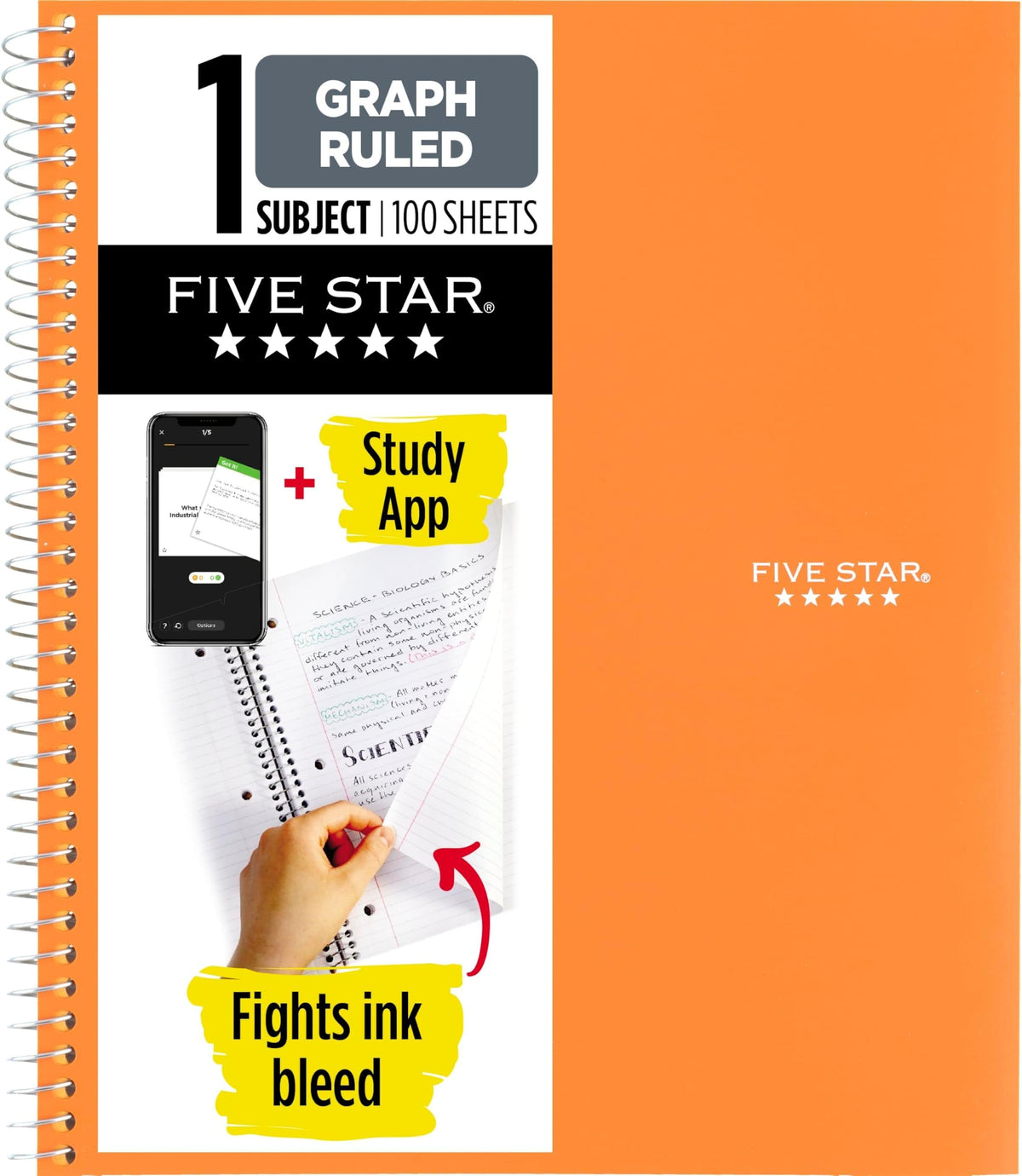 Five Star Spiral Notebook + Study App, 1 Subject, Graph Ruled Paper, 8-1/2" x 11", 100 Sheets, Fights Ink Bleed, Water Resistant Cover, Black (73679)