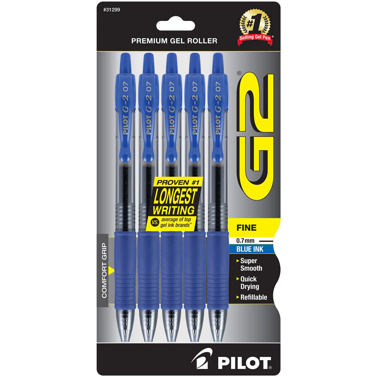 PILOT G2 Premium Gel Pens, Fine Point 0.7mm, Black Ink, 5-Pack