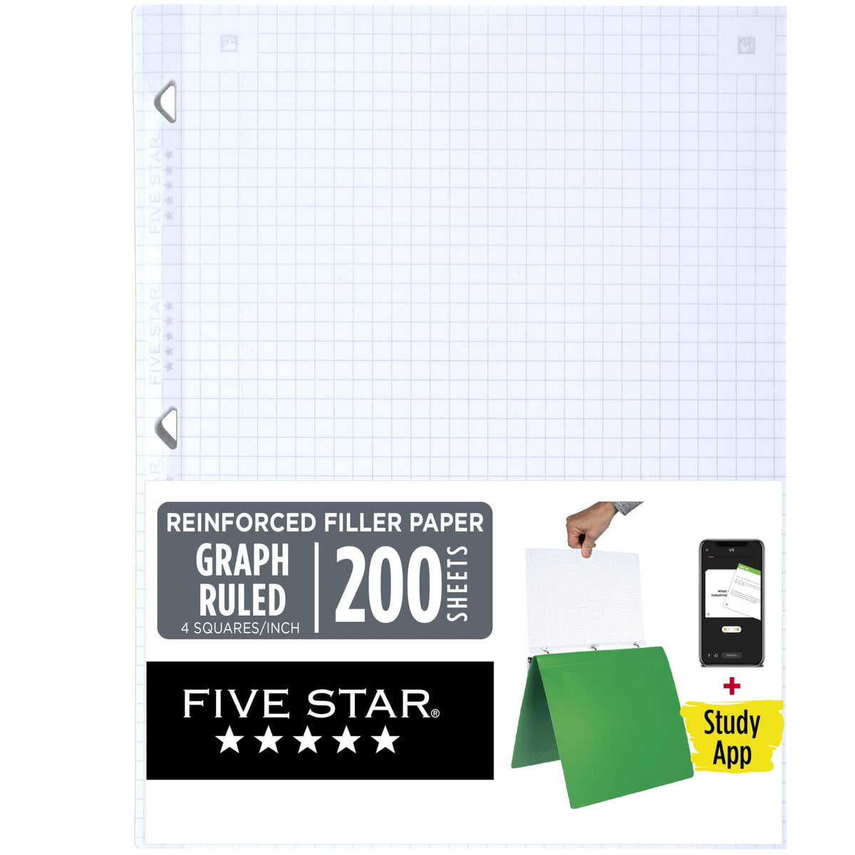 Five Star Loose Leaf Paper + Study App, Graph Ruled Filler Notebook Paper, Reinforced, Fights Ink Bleed, 8-1/2" x 11", 80 Sheets (170122)