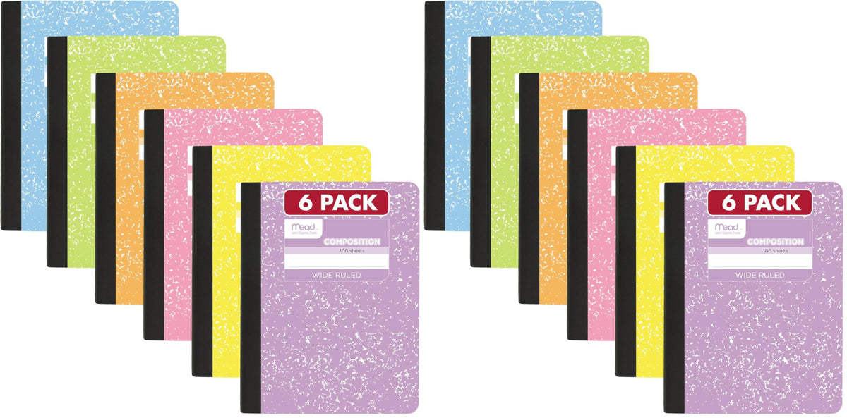 Mead Composition Notebook, Wide Ruled 7.5" x 9.75" Paper, 100 Sheets, Assorted Colors, 6 Pack (950054-ECM)