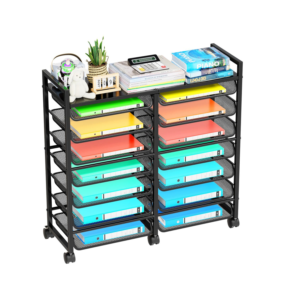 Simple Trending 12-Tier Rolling File Cart, Desk File Organizer with 11 Mesh Sliding Trays, Letter & Legal Paper Storage Rolling Utility Cart for Office Home School, Black
