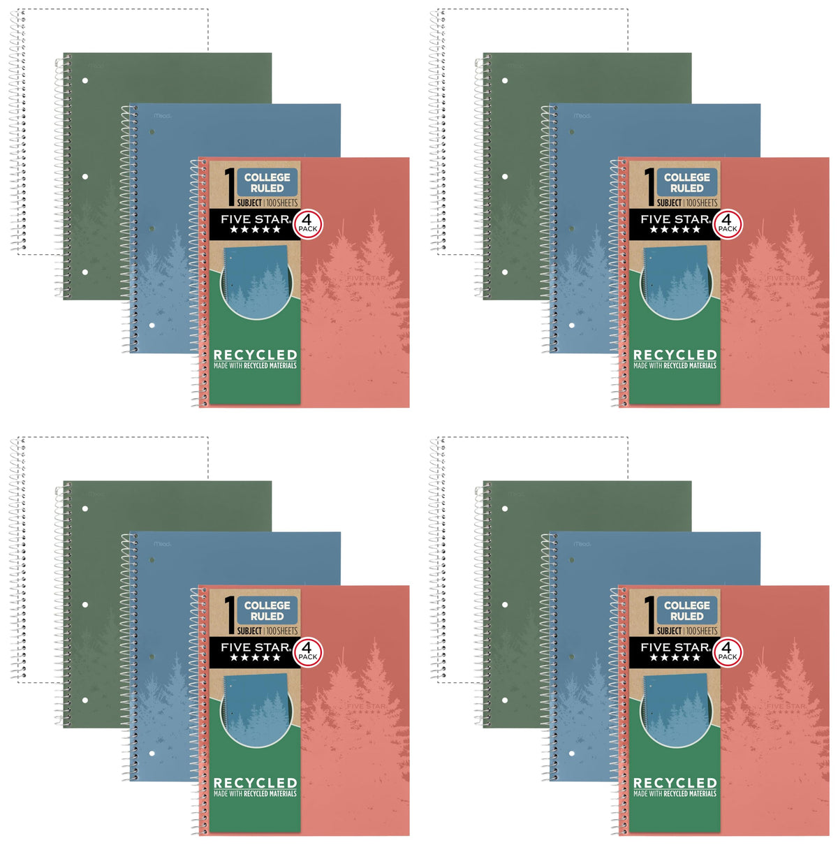 Five Star Spiral Notebook + Study App, 4 Pack, 1 Subject, Recycled College Ruled Paper, 8-1/2" x 11", 100 Sheets, Fights Ink Bleed, Includes 3 Colors + 1 Randomly Selected Color (820046-ECM24)