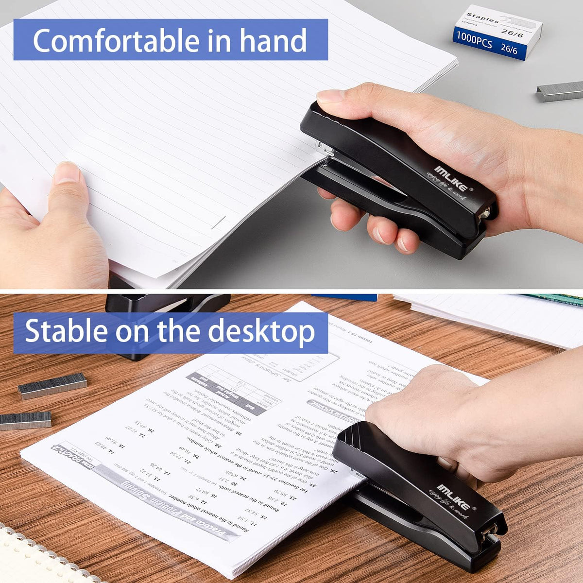 Desktop Office Stapler with 2000 Staples: IMLIKE Half Strip Desk Staplers, take 26/6 Staples 25 Sheets Capacity, Staple Remover, Non-Slip Base, Black, 2-Pack