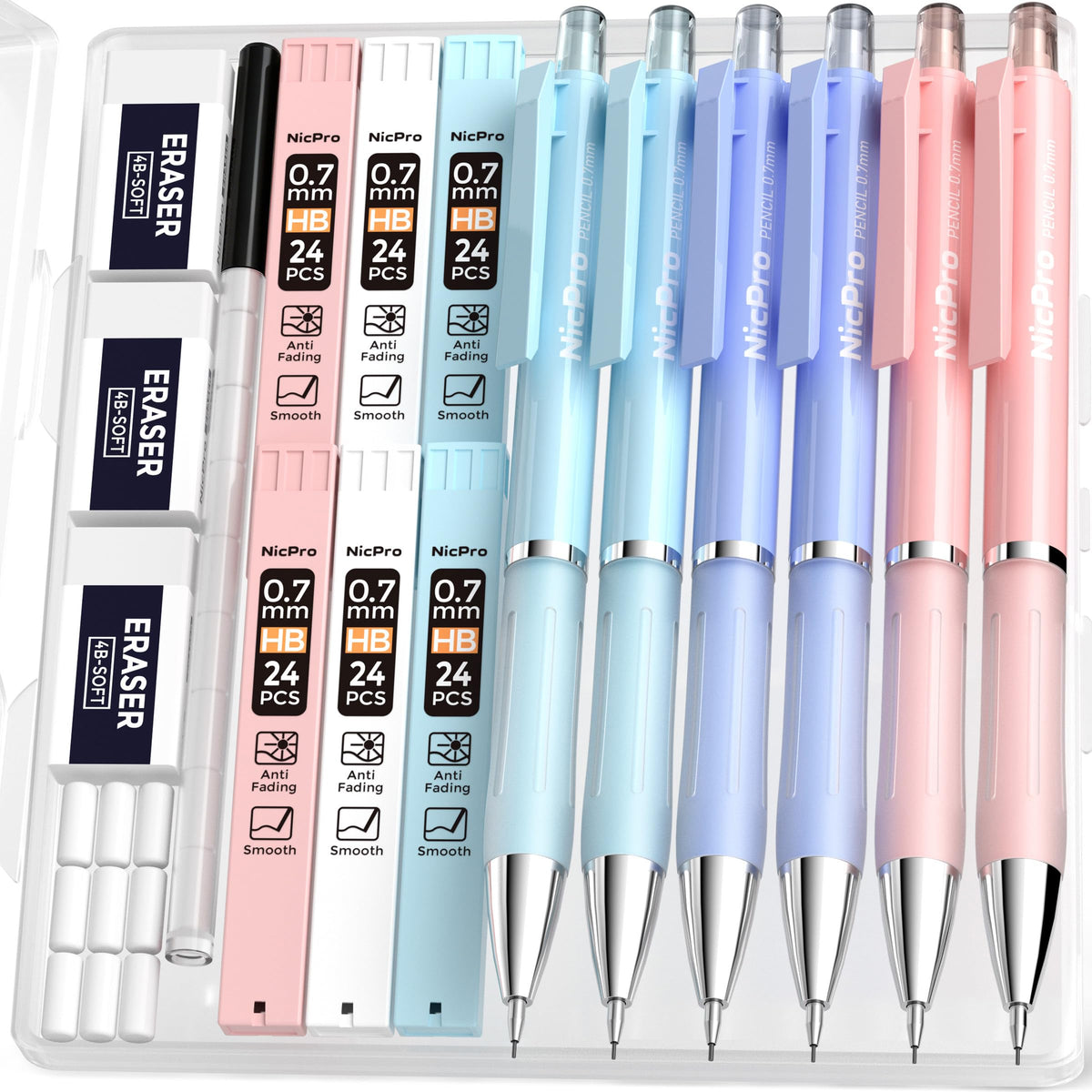 Nicpro 3PCS Cute Mechanical Pencil Set with Case, 0.7 mm Pencils
