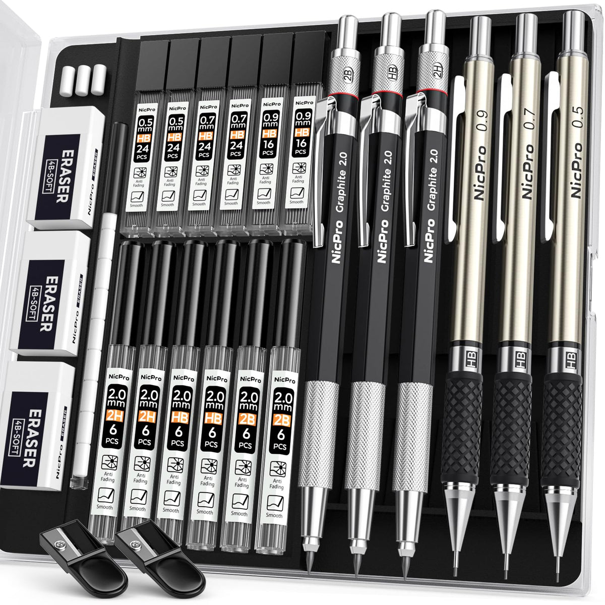 Nicpro 6PCS Art Mechanical Pencil Set, 0.5/0.7/0.9/2mm Point