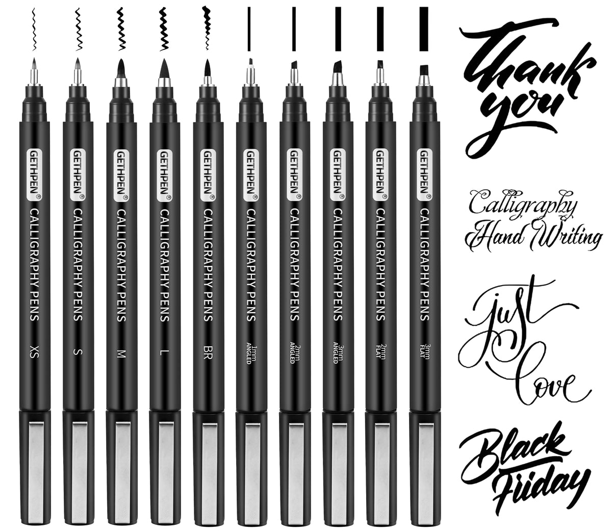 GETHPEN Calligraphy Brush Pen Set,10 Sizes Black Archival Ink Markers