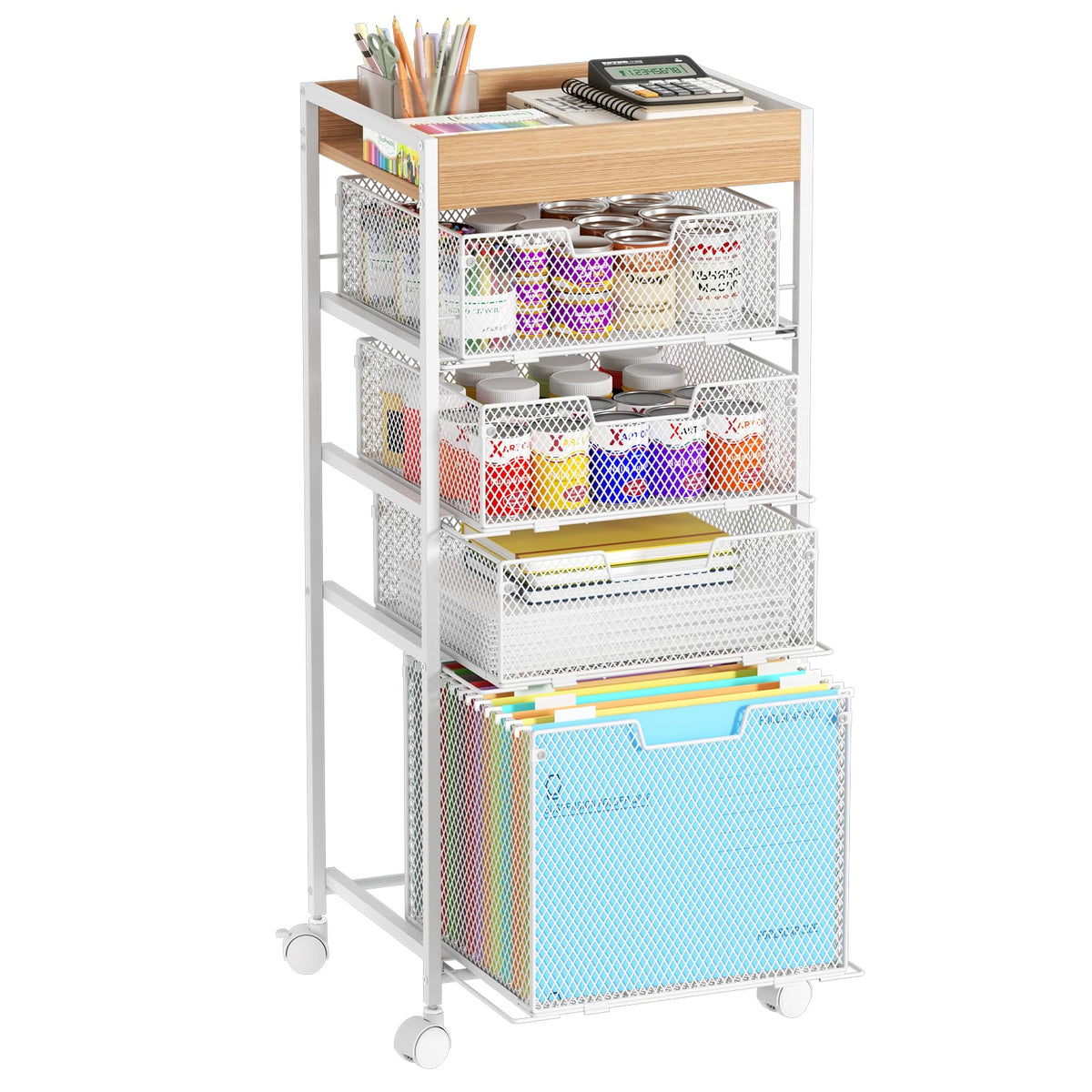 SWTYMIKI Rolling File Cart with Drawers - 5 Tier Art Craft Rolling Organizer Cart - Office Storage &Organization, Mobile Metal File Cabinet for Office and Home Espresso