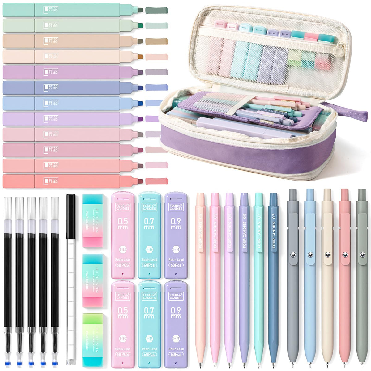Four Candies School Supplies with Cute Pencil Case, 39ct, Pink