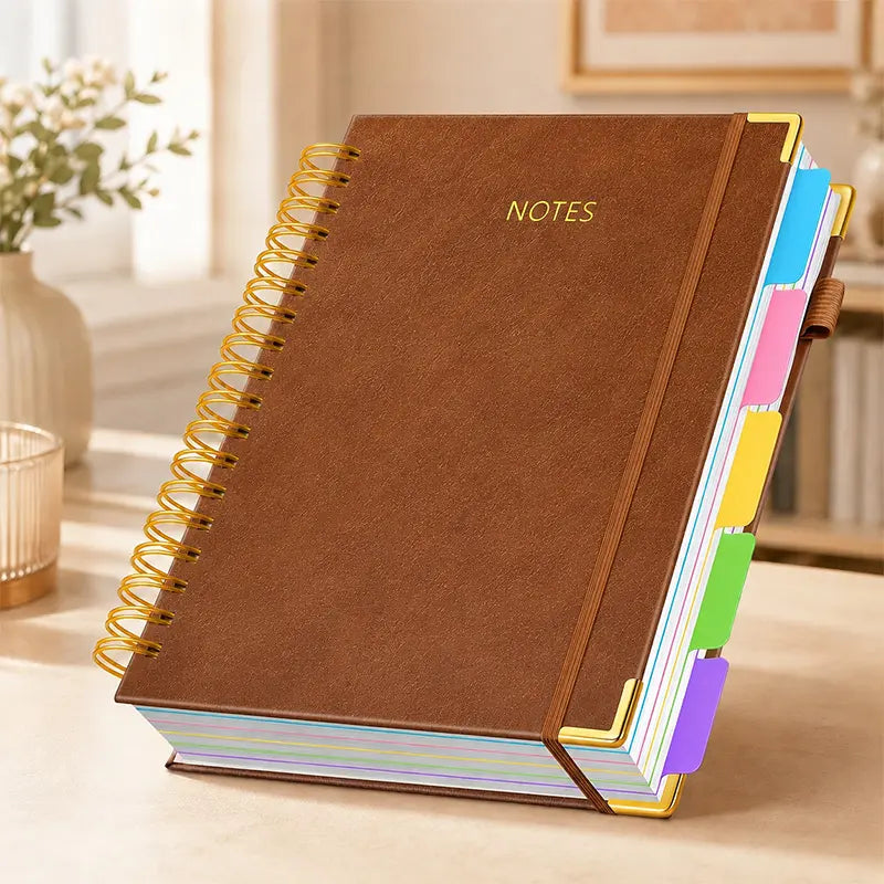 A5 Spiral PU Cover Hardcover Notebook - Flat Binding, 300-Page 100GSM Thick Lined Paper, 5-Subject Organizer with Removable Dividers & Tabs, Back to School Haul College Journaling Supplies for Students, College Supplies, Faux Leather,sohochic