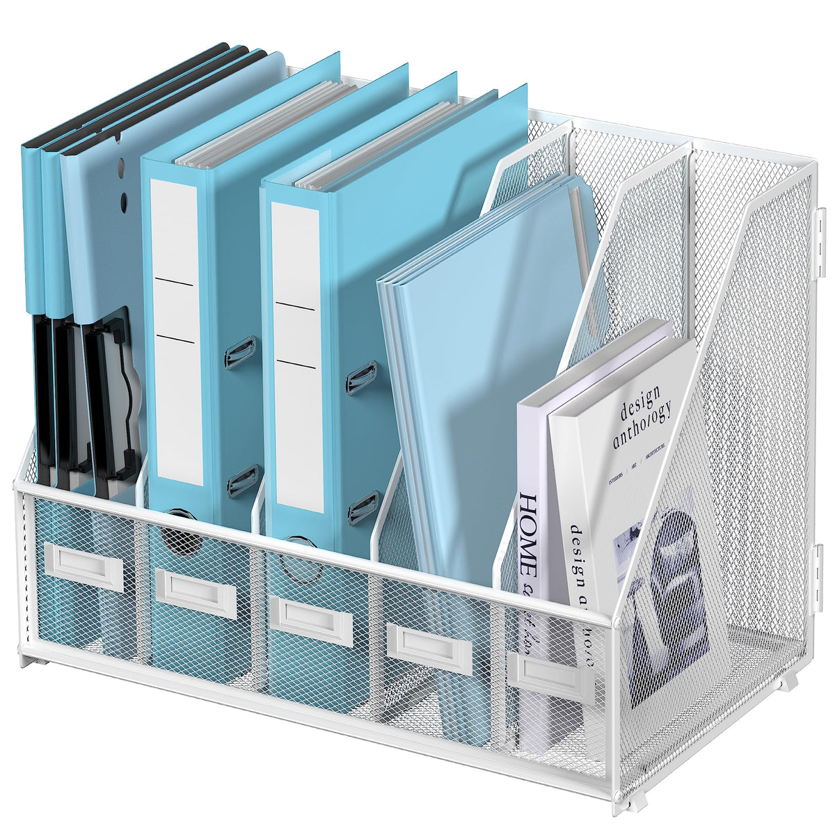 SUPEASY Desk Organizers Metal Desk Magazine File Holder with 5 Vertical Compartments Rack File Organizer for Office Desktop, Classroom, Home Workspace, Black
