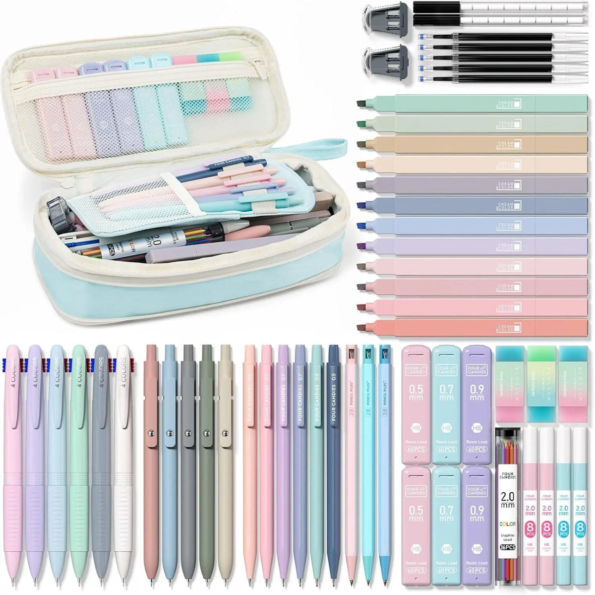 【Buy 1 Get Gift】back to school shopping Four Candies 56PCS Aesthetic School Supplies with Cute Pencil Case,6 Multicolor Pens,12 Pastel Highlighters, 5 Black Ink Gel Pens, 9 Mechanical Pencils for Student Essentials,girly office supplies,Writing Stationery