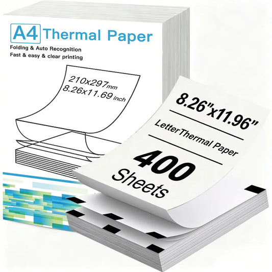 A4 Folding Thermal Paper (400 Sheets, 210×297mm/8.26×11.69 inch) – Black Sensor Marks, Auto Recognize Paper, No Ink Needed, Continuous Fold for Portable A4 Thermal Printers, Office Document Printing