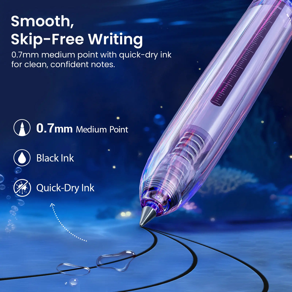 WRITECH Luminous Gel Pens Medium Point: Luminous pen set 0.7mm, Black Ink, Includes 2 Pens and 2 Refills, Silent Clicker, Smooth Writing for School Office & Everyday Use