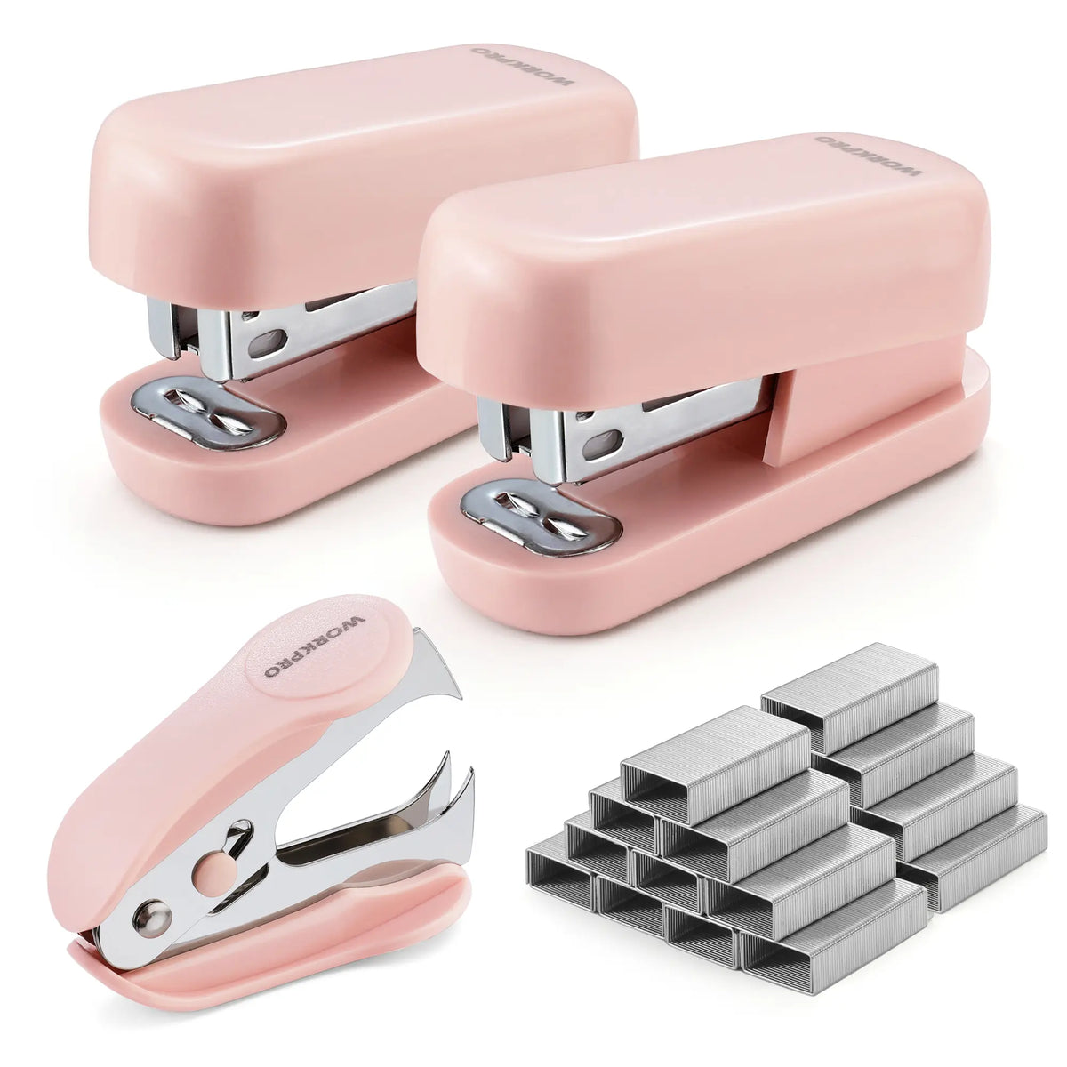 WORKPRO Cute Plastic Body Desk Stapling Set - Lock Design, 2 Mini Staplers, 1 Remover, 2000 Standard Pack Staples, Non-Slip Base, Colorful Office Stationery