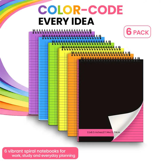 Set of 6 modern plastic spiral-bound legal notebooks, school supplies, thick hardcover, waterproof and wear-resistant colorful cover, double-sided grid design with multiple pages, 192 inner sheets per set, portable, two sizes: 8.5×11 inches and 6×8.3 inch