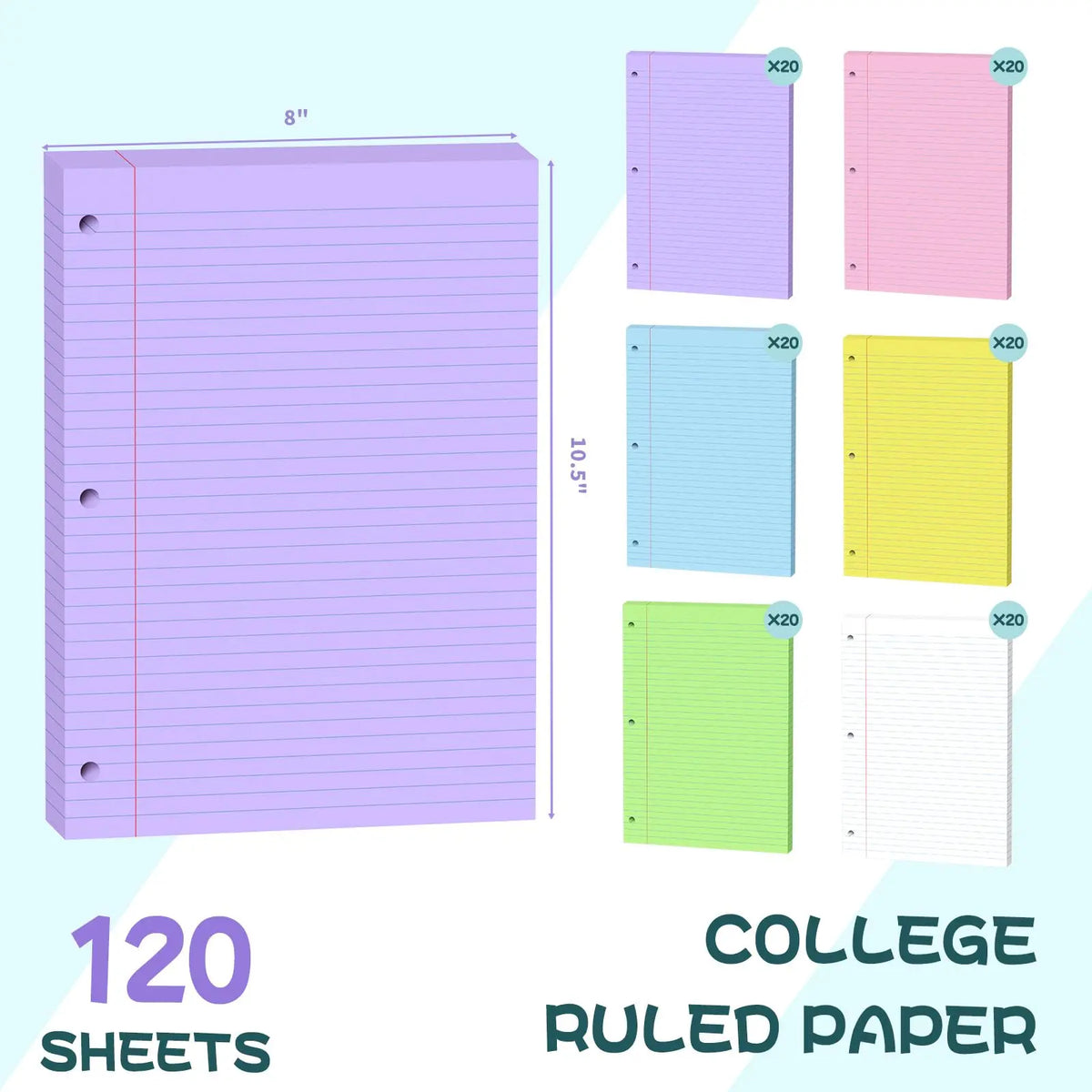 Loose Leaf Paper 8x10.5 Colored Filler Paper 120 Sheets College Ruled Paper
