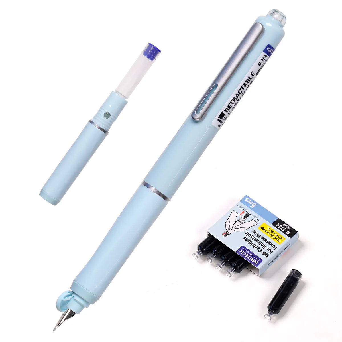 WRITECH Fountain Pen Black Ink with Retractable Fine Nib - Set of 5 Ink Cartridges for Smooth Calligraphy, Journaling and Sketching - Pink Gift