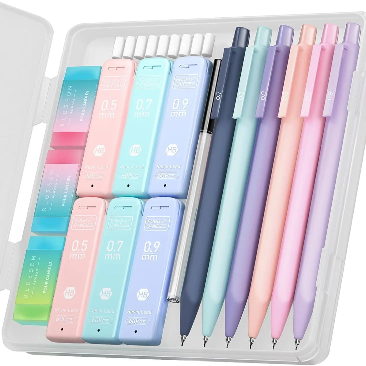 [Back to School Haul] 12PCS Pastel Mechanical Pencil Set (0.5 & 0.7 mm, HB/2B) with Case, 360 Leads in 6 Tubes (2 Packs), 21PCS Pastel Eraser Set - School Supplies Haul, Student Essentials, Teenage Girls Gifts