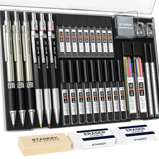 STAGEEK 34-Pack Artist Quality Mechanical Pencils Set - Assorted 0.5/0.7/0.9MM & 3PCS 2.0MM Drafting Pencils, 384PCS 6B/4B/2B/HB/2H/4H Leads for Sketching, Back to School Supplies, 2025 Gifts