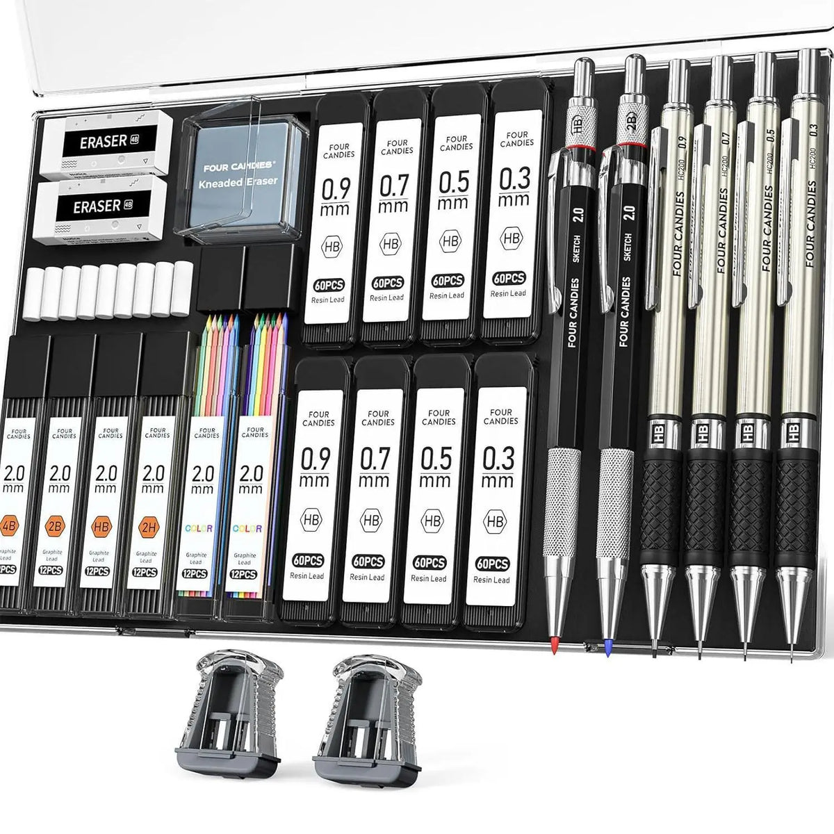Four Candies 25PCS Back to School Mechanical Pencil Set with Case,0.5/0.7/0.9mm Metal Pencils&3PCS 4B Erasers&432PCS Graphite Leads,Essential Student Writing,Drawing&Sketching Supplies,Perfect Graduation Stationery Gifts,summerwins