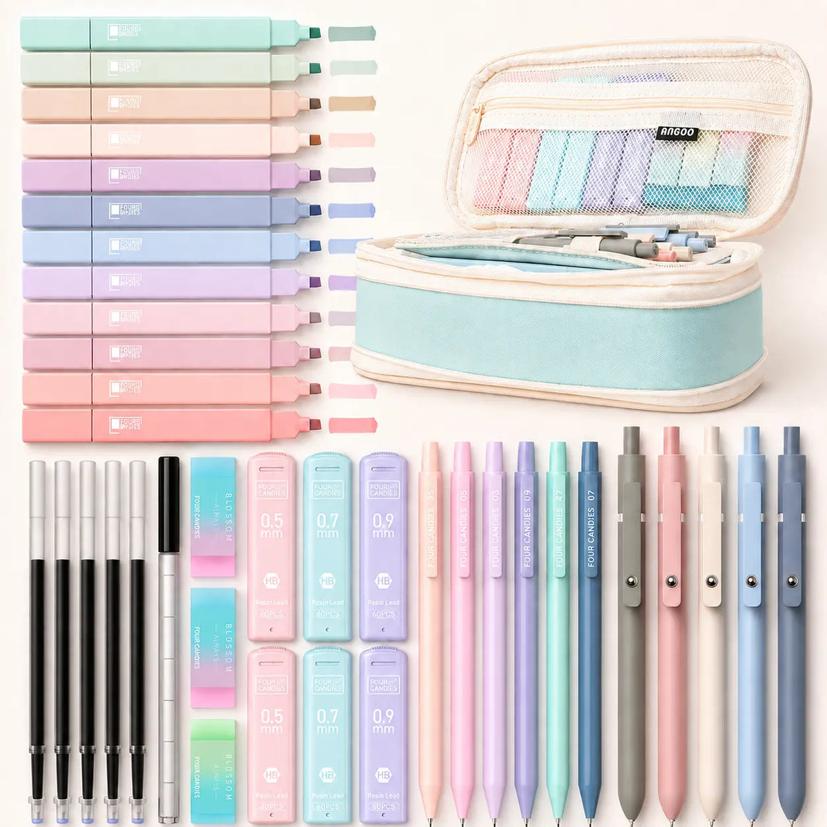 【back to a school shopping】Four Candies School Supplies with Cute Pencil Case, 39ct | Back to School Stationery Set, Essentials for College & Nursing Students, 5 Gel Pens, 6 Mechanical Pencils, 12 Highlighters