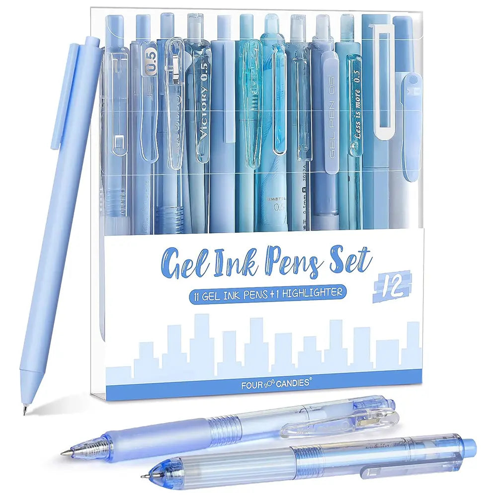 Four Candies Gel Ink Pen Set,14PCS Pen Set with Case, Cute Note Taking 0.5mm Fine Point Retractable 12PCS Black Ink Pens with 2 Highlighter for School, Note Taking,Writing, Office Supplies, girly office supplie,journaling supplies  Pastel Markers Portable