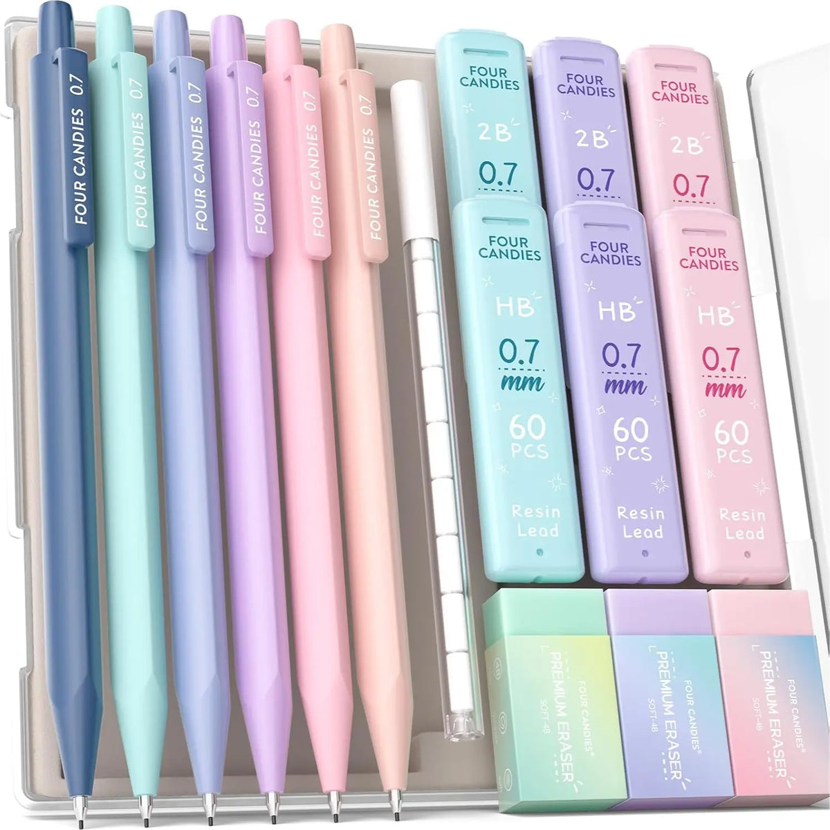 [Back to School Haul] 12PCS Pastel Mechanical Pencil Set (0.5 & 0.7 mm, HB/2B) with Case, 360 Leads in 6 Tubes (2 Packs), 21PCS Pastel Eraser Set - School Supplies Haul, Student Essentials, Teenage Girls Gifts