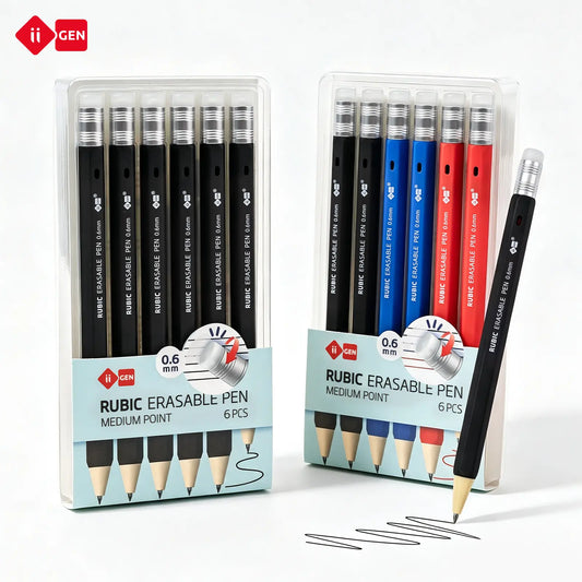 iiGEN RUBIC Erasable Gel Pen Set (6-Pack) - 0.6mm Medium Point, Smooth Quick-Dry Reusable Ink, for College Students,School Supplies College Office Stationery, Black Red Blue