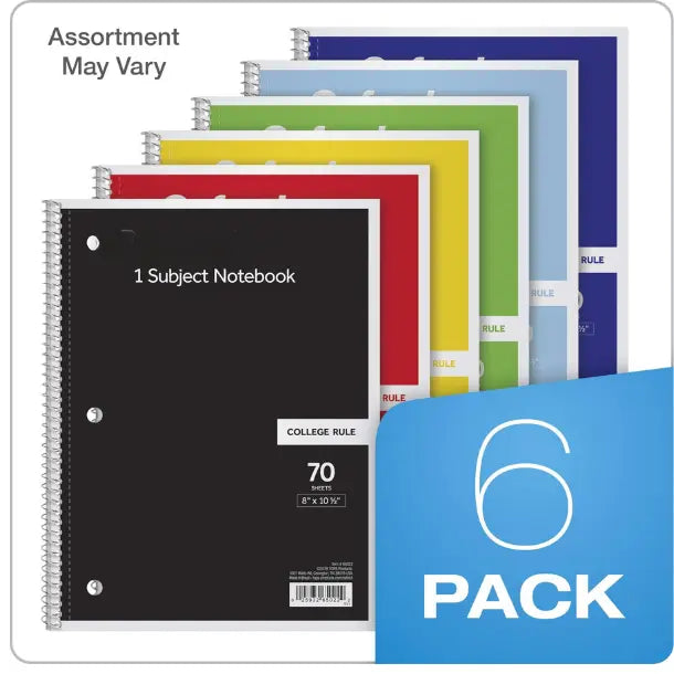 6 Pack Spiral Notebook , 1 Subject, College Ruled Paper, 8 x 10-1/2 Inch, Color Assortment Design May Vary (65007)