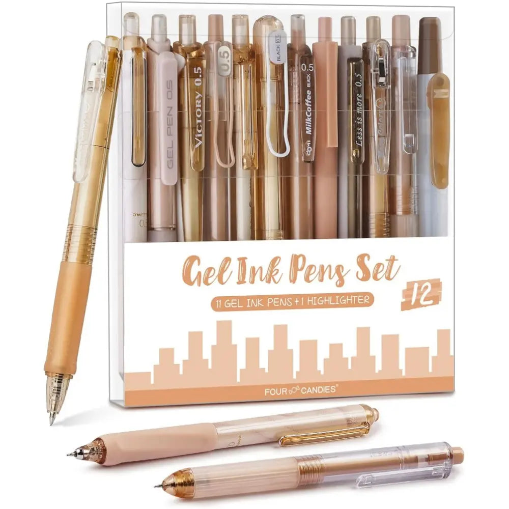 Four Candies Gel Ink Pen Set,14PCS Pen Set with Case, Cute Note Taking 0.5mm Fine Point Retractable 12PCS Black Ink Pens with 2 Highlighter for School, Note Taking,Writing, Office Supplies, girly office supplie,journaling supplies  Pastel Markers Portable