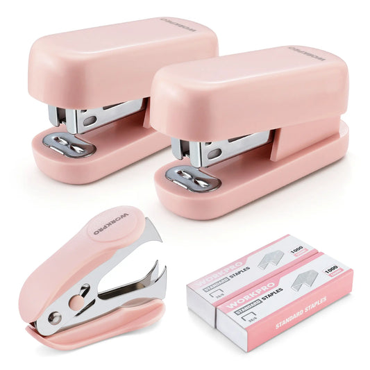 #toolupgrade WORKPRO Mini Stapler with Staples, Pink Stapler Set Includes Two Small Staplers, One Staple Remover, 2000 Standard Staples - Cute Staplers for Desk with Non-Slip Base, Lock Design