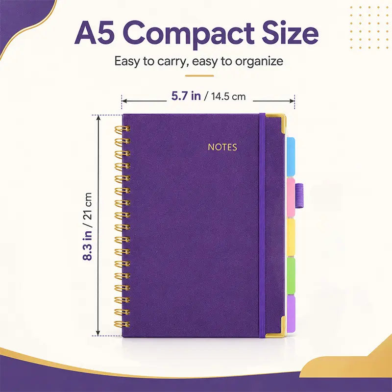 A5 Spiral PU Cover Hardcover Notebook - Flat Binding, 300-Page 100GSM Thick Lined Paper, 5-Subject Organizer with Removable Dividers & Tabs, Back to School Haul College Journaling Supplies for Students, College Supplies, Faux Leather,sohochic
