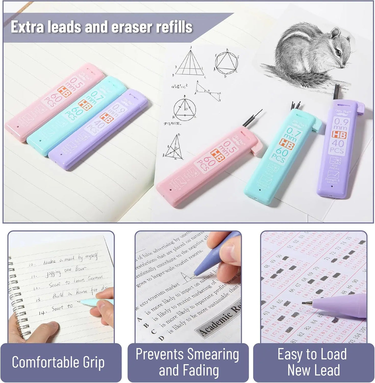 Mr. Pen Pastel Mechanical Pencil Assortment Kit Pencils - 6 Pack Stationery Writing Tools, 0.5/0.7/0.9mm, Lead Refills, Erasers, Aesthetic Look, Drawing Art Supplies for Students