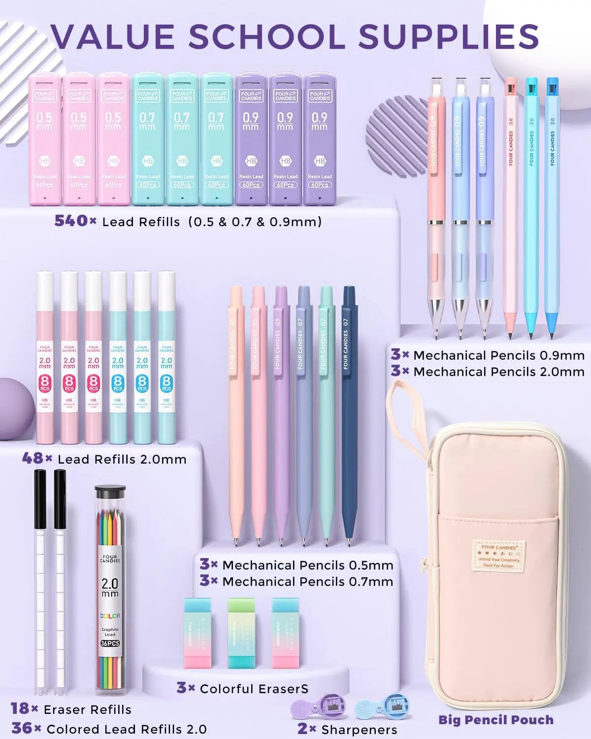 Four Candies 36PCS Learning Materials, Aesthetic School Supplies in Large Capacity Pencil Case, 12PCS Mechanical Pencils 0.5-2.0mm with 624PCS Lead Refills,Cute Aesthetic Mechanical Pencils for Writing,Drawing & Drafting, Back to School Supplies Shopping