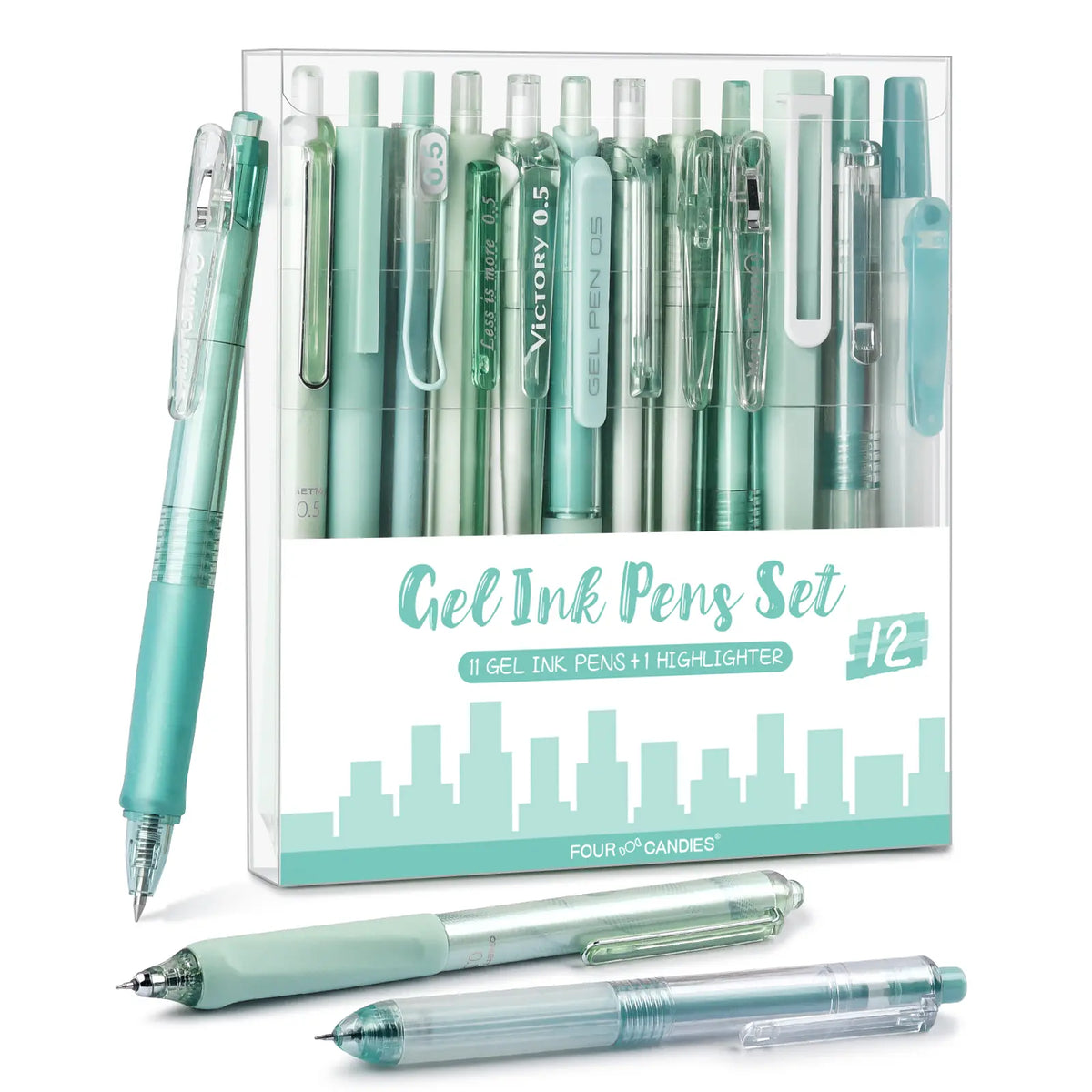 Four Candies 12PCS Pastel Gel Pen Set, Cute 0.5 mm Fine Point Writing Pens with 10 Black,1 Pink Ink,1 Highlighter, Quick Dry Aesthetic Girly Stationery Desk Accessories for Students, Notebook Writing,School & Office back to school supplies