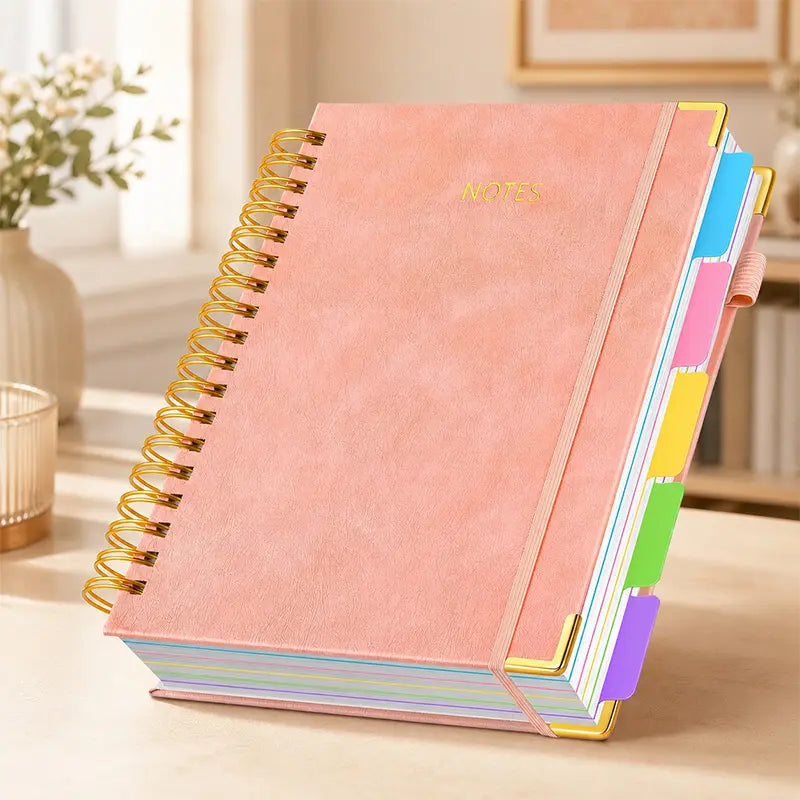 A5 Spiral PU Cover Hardcover Notebook - Flat Binding, 300-Page 100GSM Thick Lined Paper, 5-Subject Organizer with Removable Dividers & Tabs, Back to School Haul College Journaling Supplies for Students, College Supplies, Faux Leather,sohochic