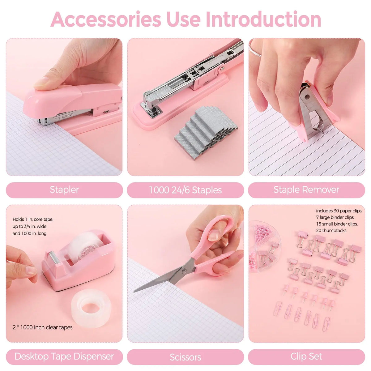SKYDUE Pink Multifunctional Home Office Stationery Set - Office Accessories, Desk Accessories, Girly College School Supplies, Teacher Stuff, Space-Saver, Includes Stapler, Tape Dispenser, Scissors, Clips, 1000pcs Staples, Ideal for Women, Birthdays