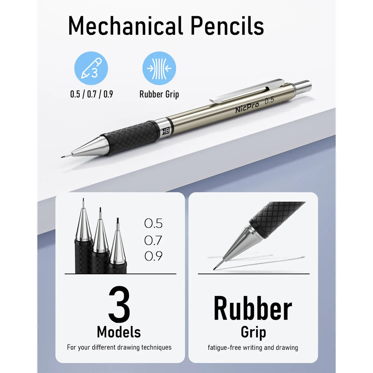 Nicpro 2.0 mm Compact Metal Mechanical Pencil Set - Graphite Mechanical Pencils, Lead Holder with Lead Refills Case for Writing, Sketching (Office Stationery Writing Tool)